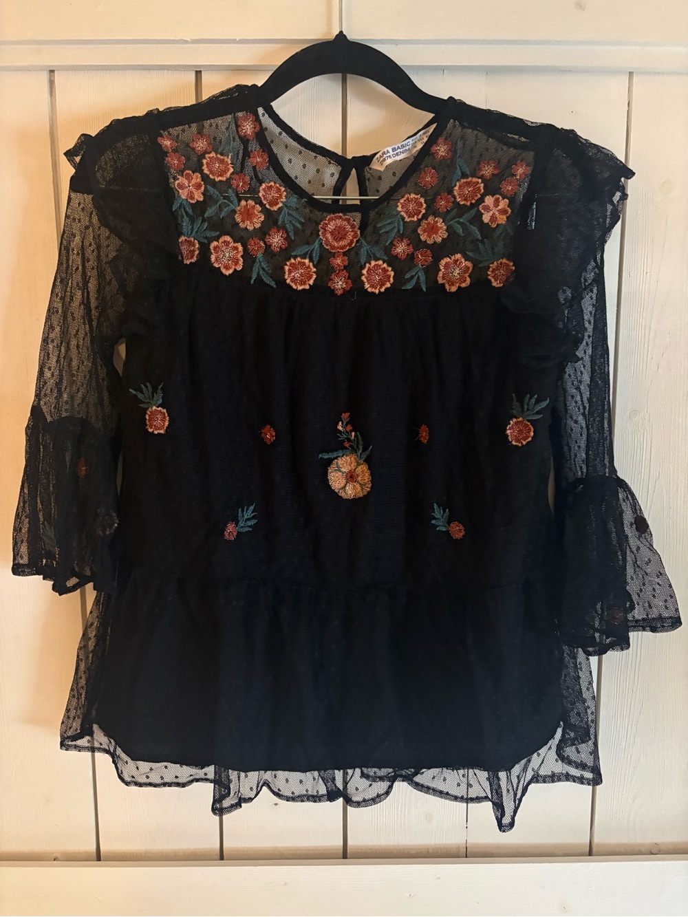 Zara Black Sheer Lace Blouse with Orange Floral Embroidery
